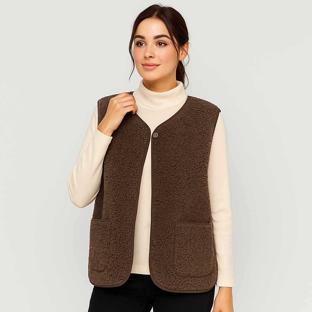 Gilet sans manches femme boutonné, coupe droite, marron, marron