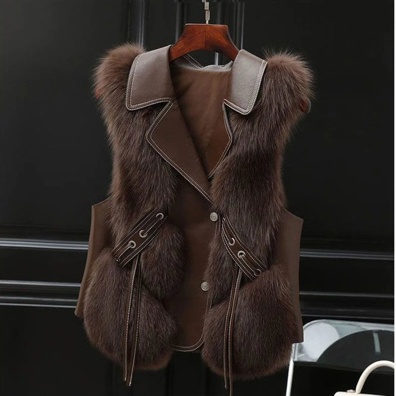 Gilet femme doublé à grand col à revers et liens à la taille, marron