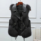 Gilet femme doublé à grand col à revers et liens à la taille, noir