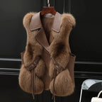 Gilet femme doublé à grand col à revers et liens à la taille, marron clair