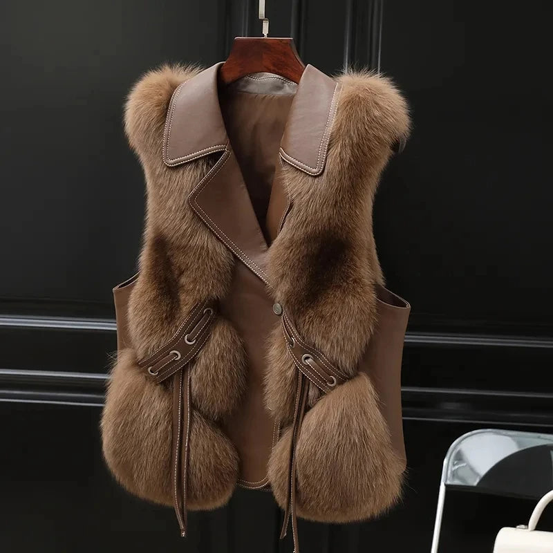 Gilet femme doublé à grand col à revers et liens à la taille, marron clair