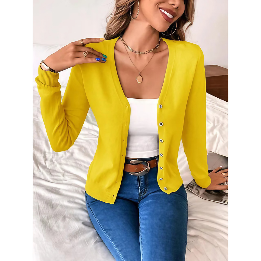 Gilet femme col V boutonné, coupe ajustée, dix coloris, jaune