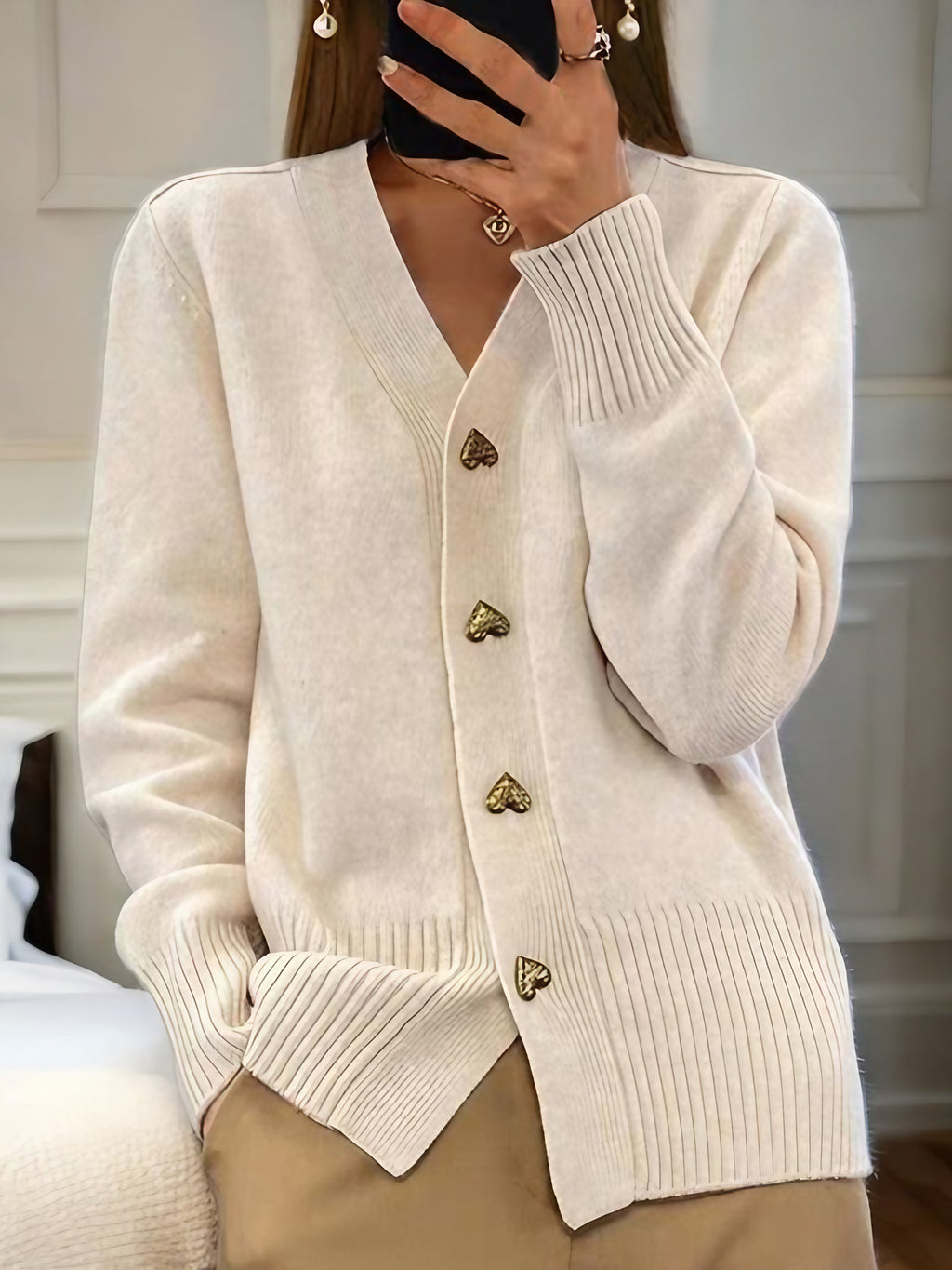 Gilet femme à boutons cœur dorés, coupe ajustée, du XS au 3XL, beige