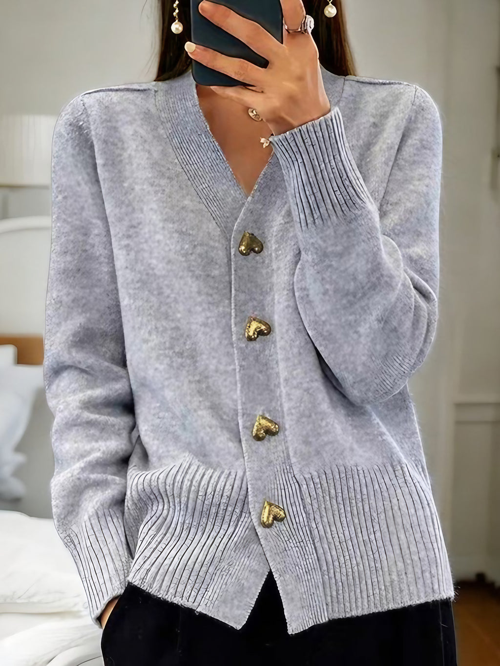 Gilet femme à boutons cœur dorés, coupe ajustée, du XS au 3XL, gris