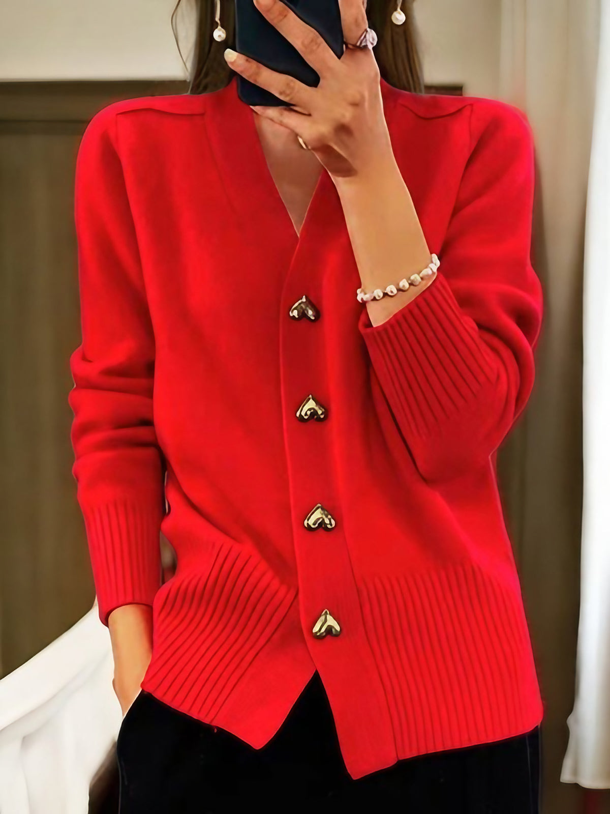 Gilet femme à boutons cœur dorés, coupe ajustée, du XS au 3XL, rouge