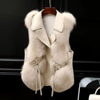 Gilet femme à grand col à revers, liens à nouer à la taille
