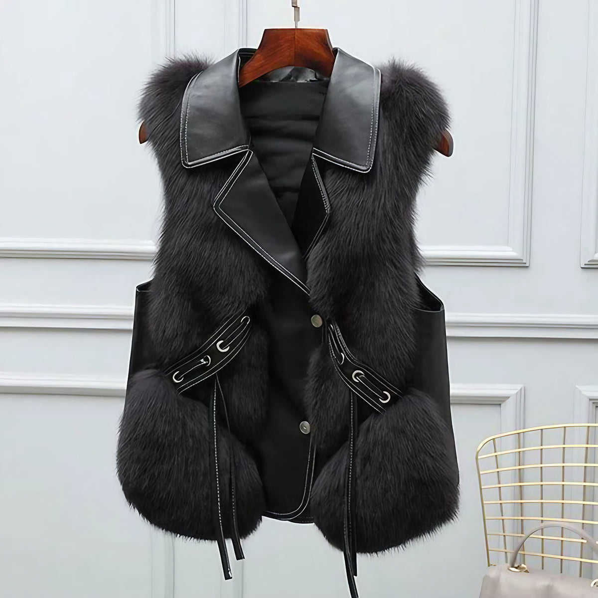 Gilet femme à grand col à revers, liens à nouer à la taille, noir