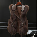 Gilet femme à grand col à revers, liens à nouer à la taille, marron