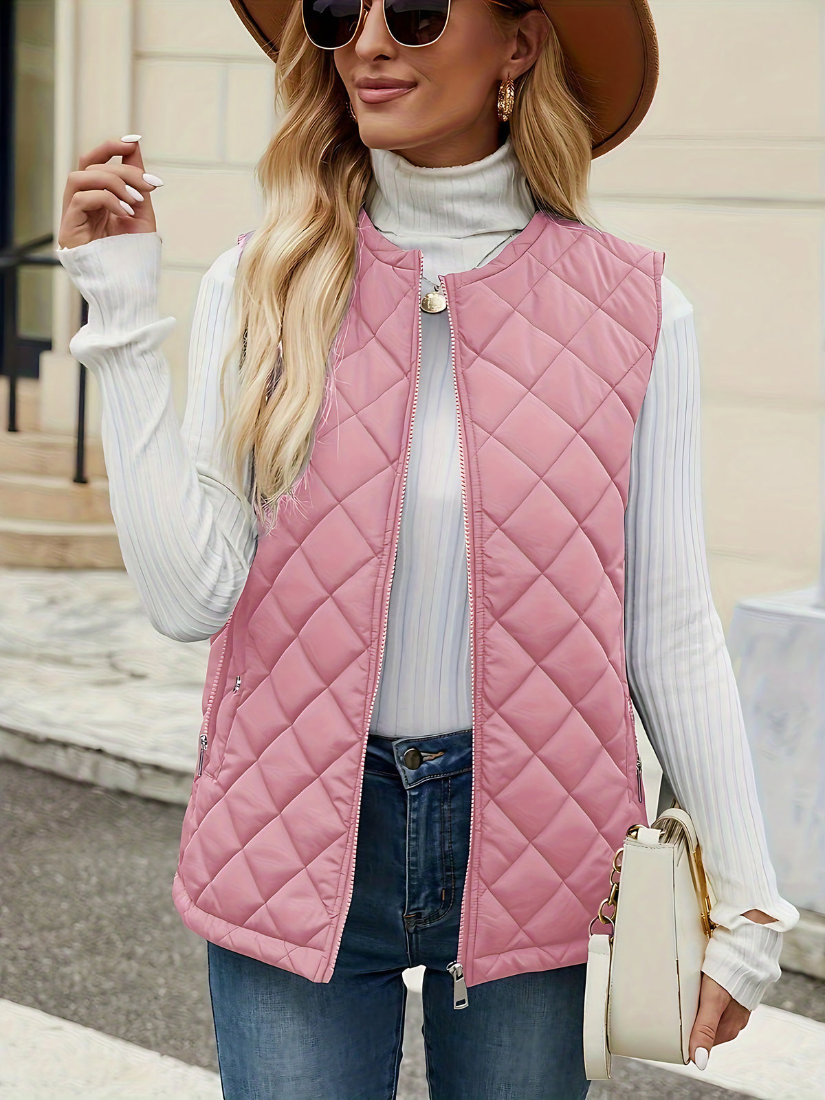 Gilet matelassé sans manches femme, poches zippées, du S au 2XL, rose