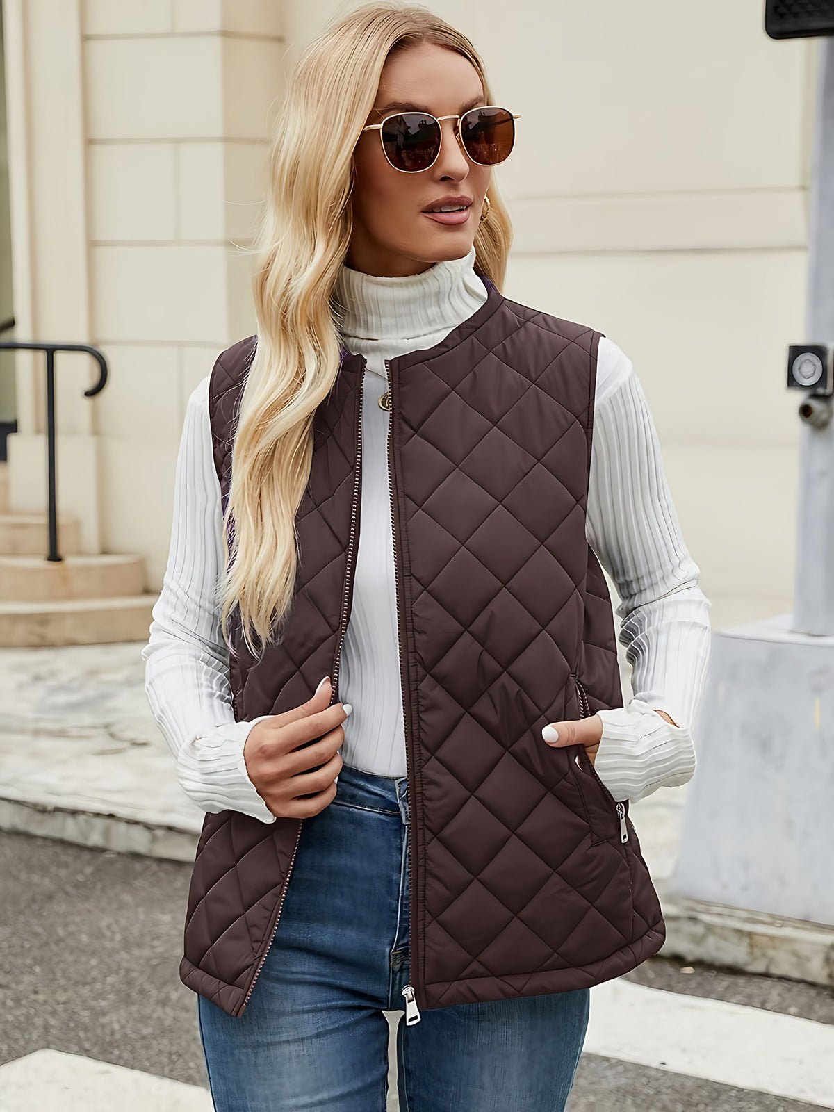 Gilet matelassé sans manches femme, poches zippées, du S au 2XL, brun