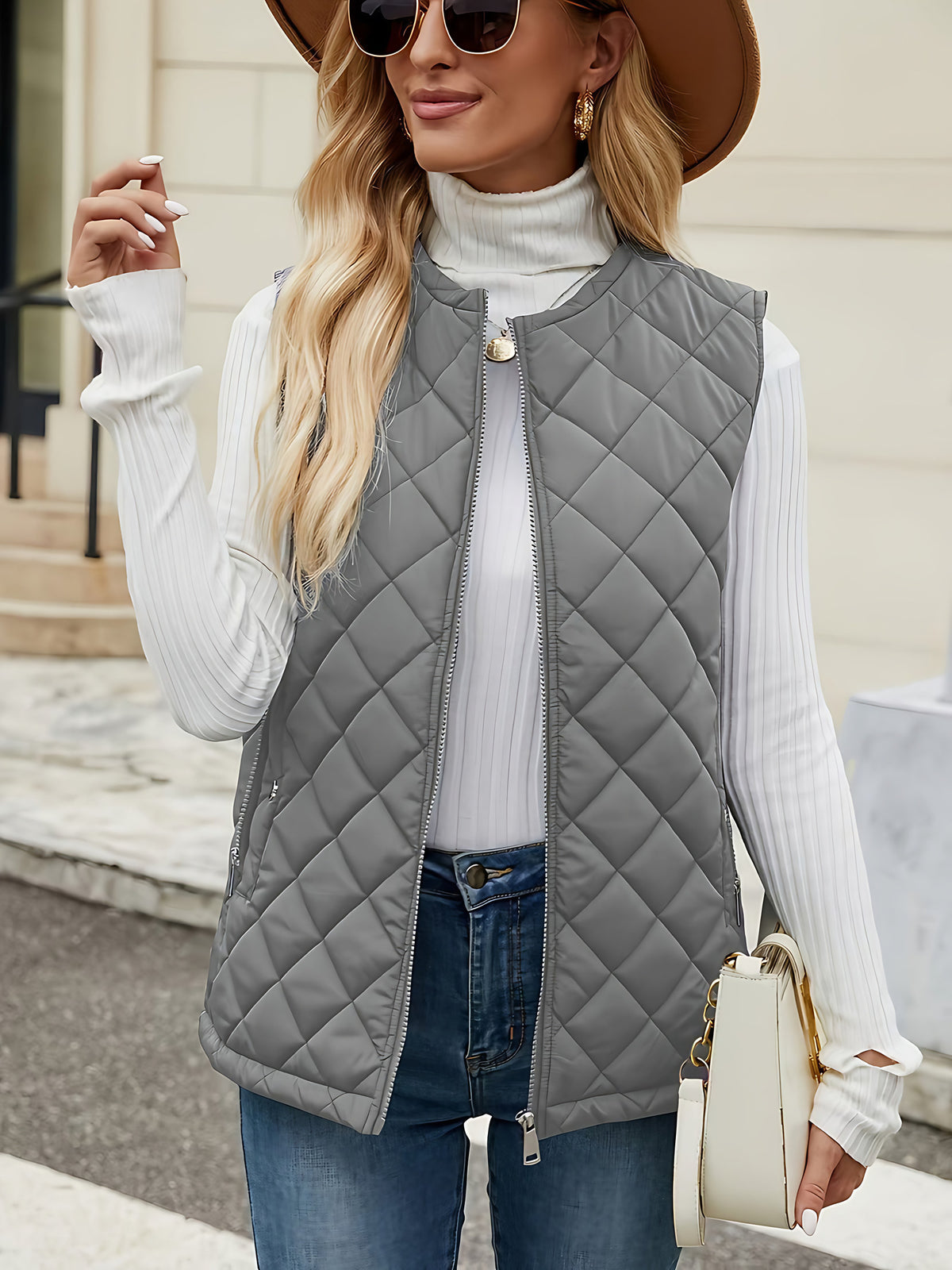 Gilet matelassé sans manches femme, poches zippées, du S au 2XL, gris