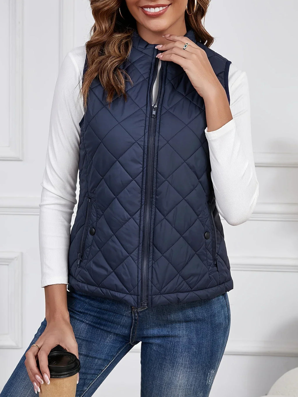 Gilet matelassé sans manches femme, poches zippées, du S au 2XL, bleu
