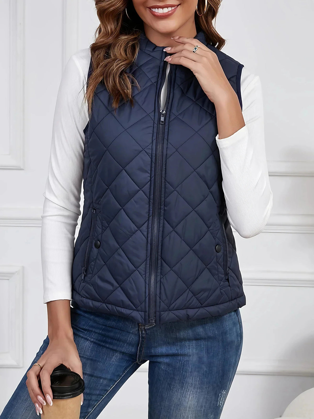 Gilet matelassé sans manches femme, poches zippées, du S au 2XL, bleu