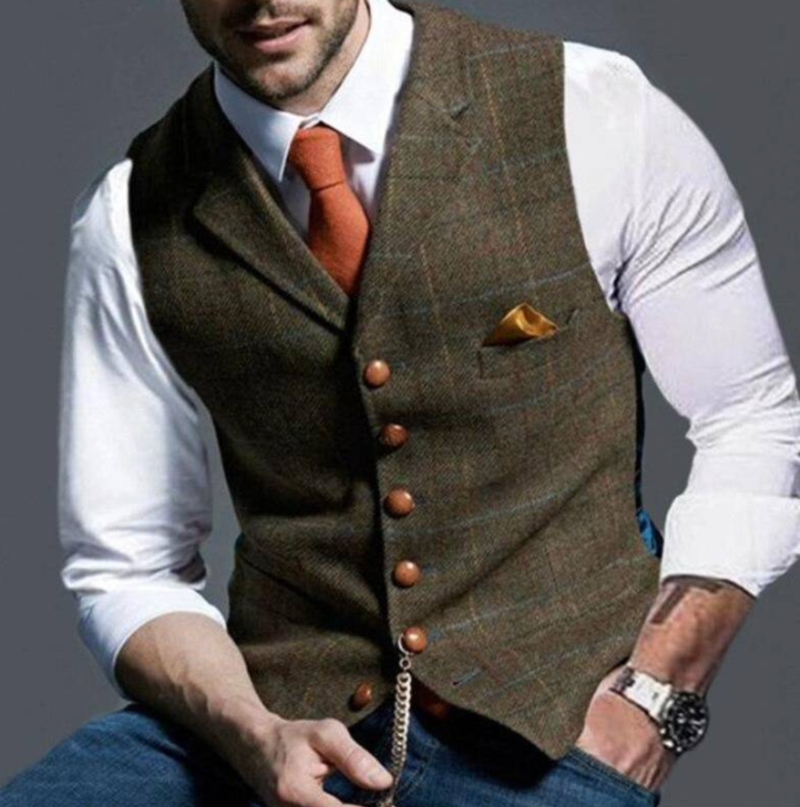 Gilet homme sans manches à col montant et boutons, huit coloris, brun