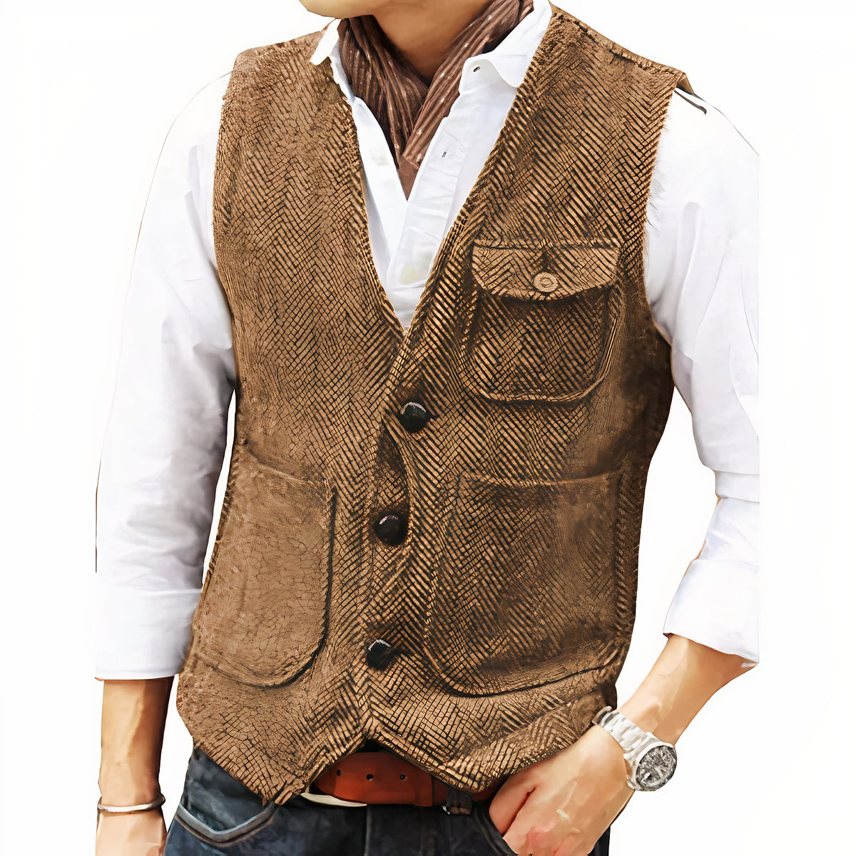 Gilet sans manches homme boutonné, coupe ajustée, marron