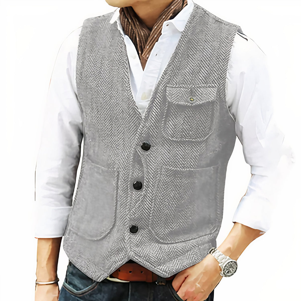 Gilet sans manches homme boutonné, coupe ajustée, argenté