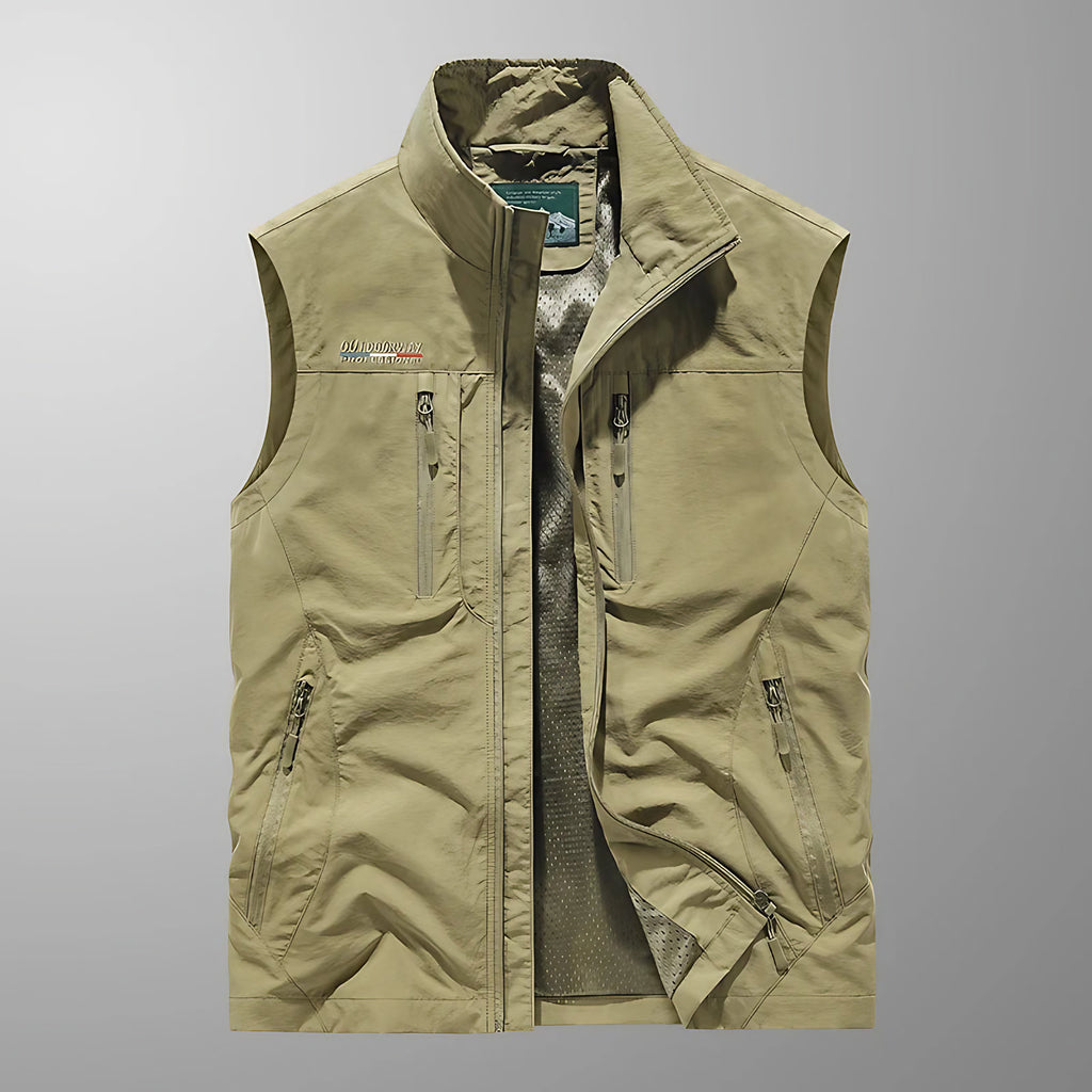 Gilet sans manches homme multipoches, pêche et randonnée, kaki