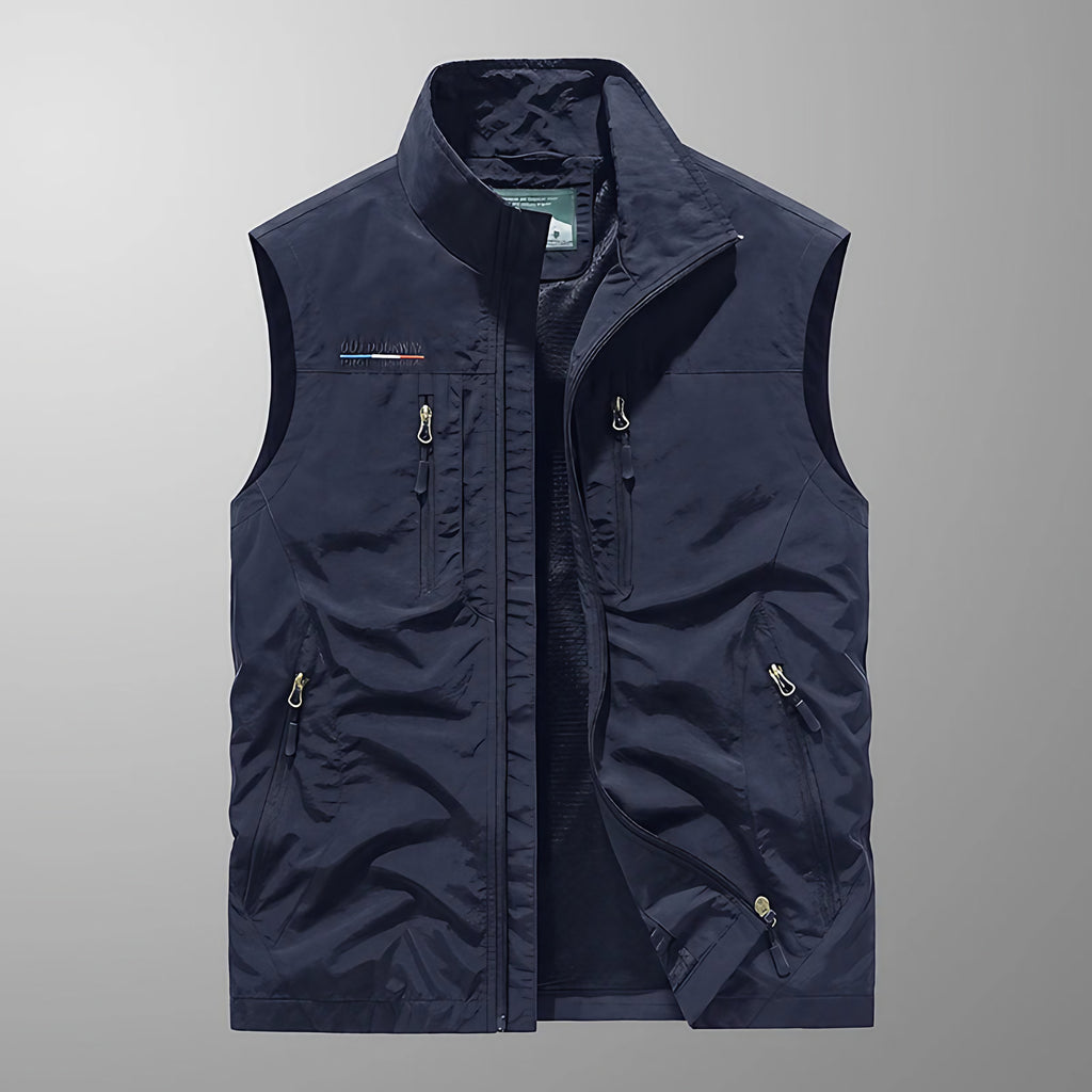 Gilet sans manches homme multipoches, pêche et randonnée, bleu foncé