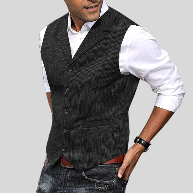 Gilet de costume homme sans manches en tweed, dix coloris, noir