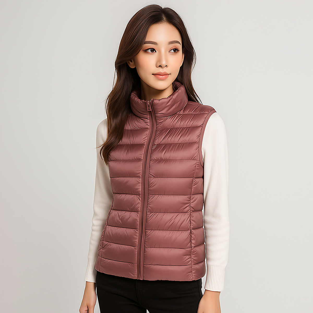 Gilet matelassé léger femme à col montant, treize coloris, marron