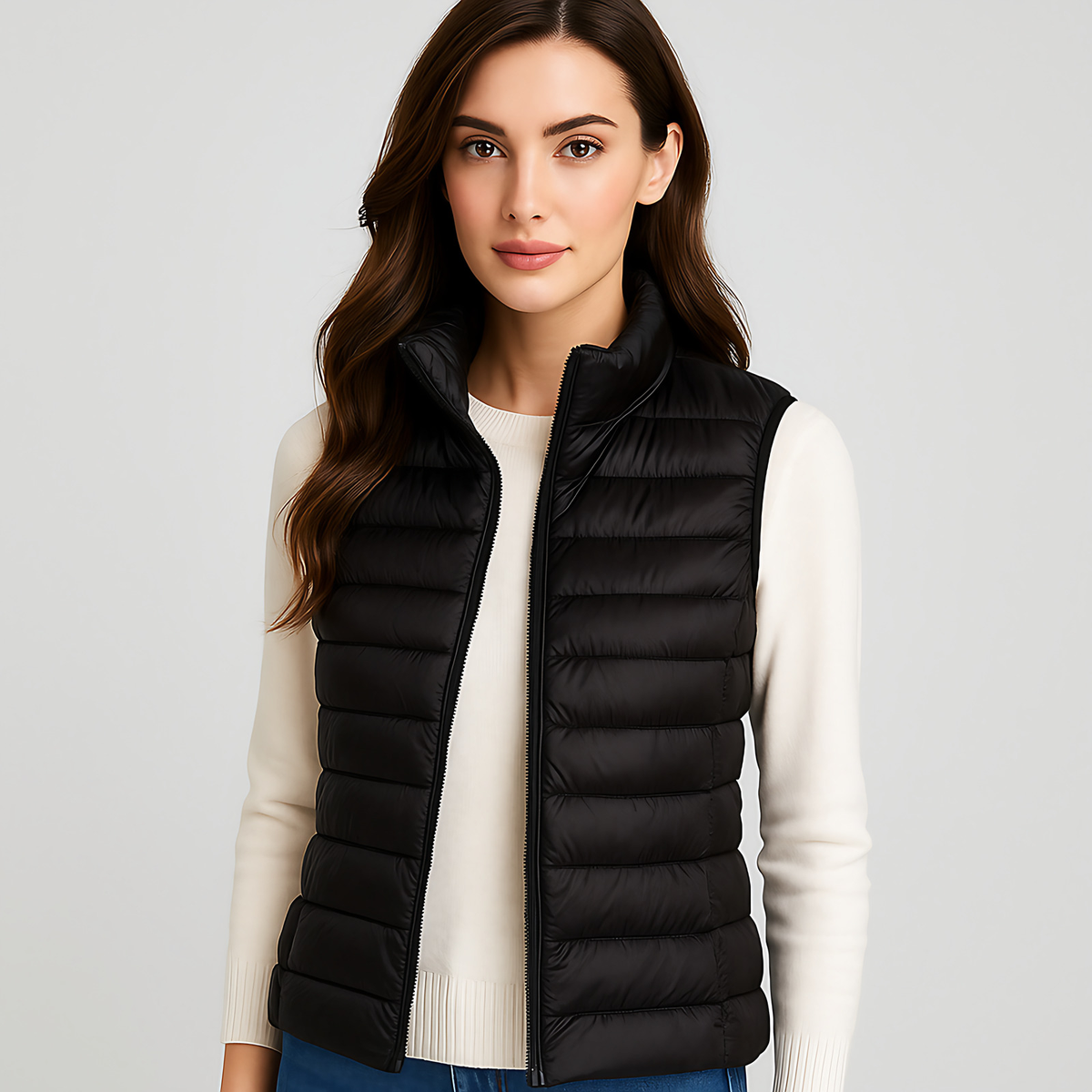 Gilet matelassé léger femme à col montant, treize coloris, noir