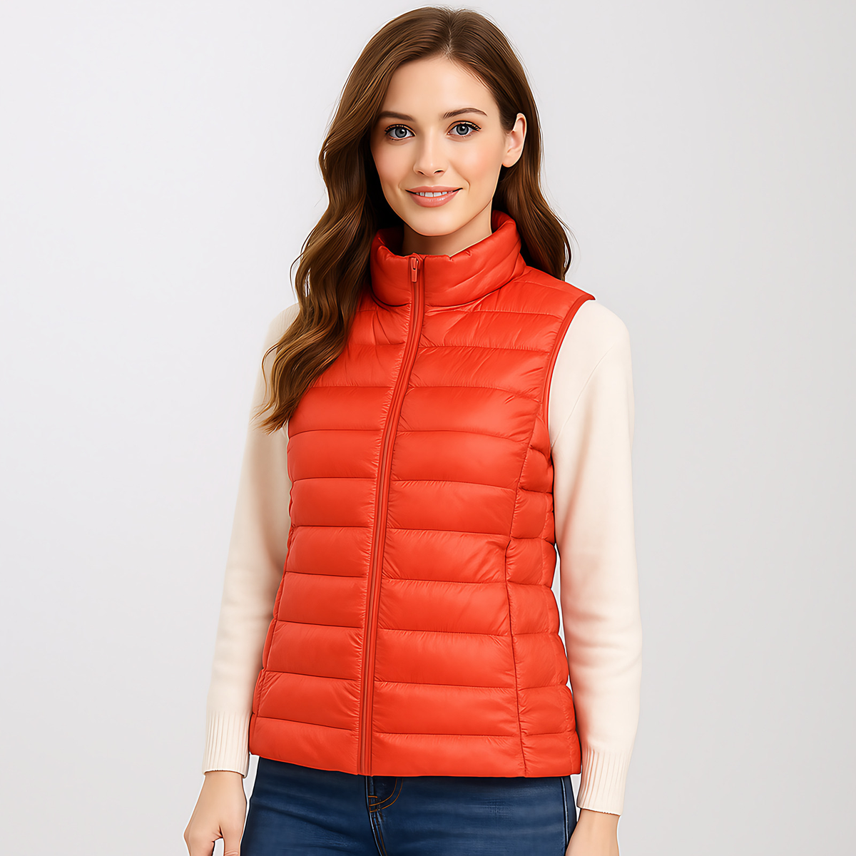 Gilet matelassé léger femme à col montant, treize coloris, orange