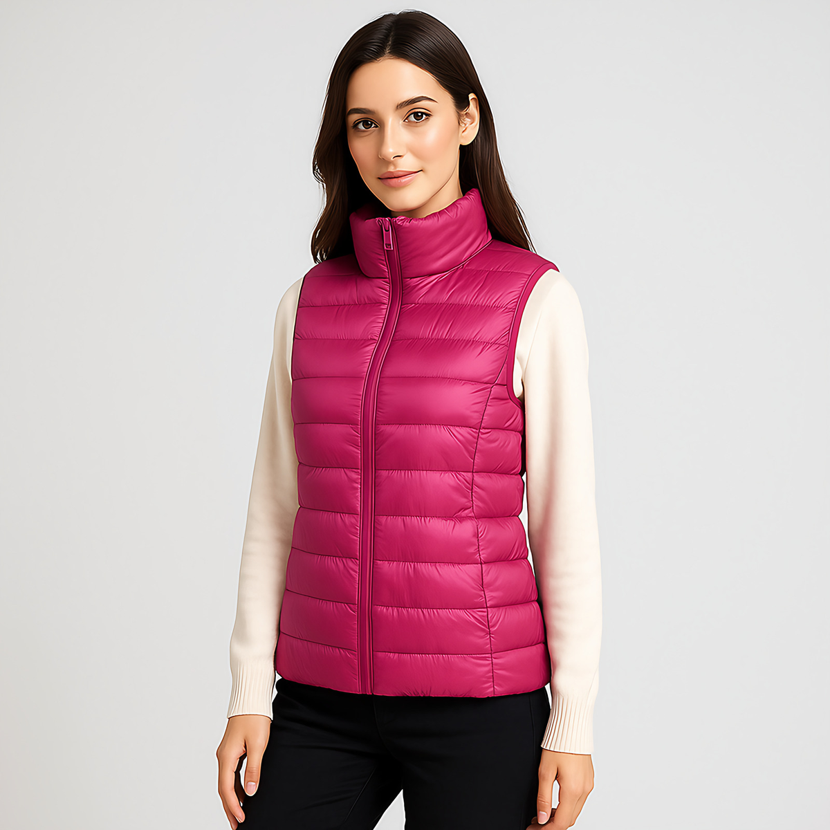 Gilet matelassé léger femme à col montant, treize coloris, fuchsia