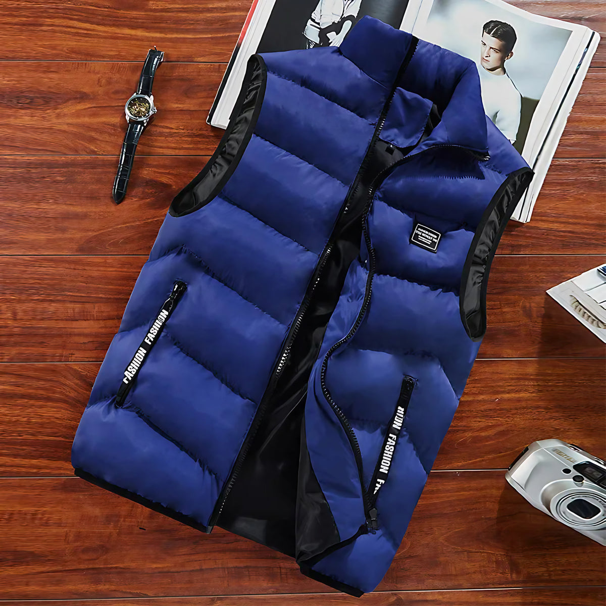 Gilet matelassé homme sans manches, zip intégral, six coloris, bleu