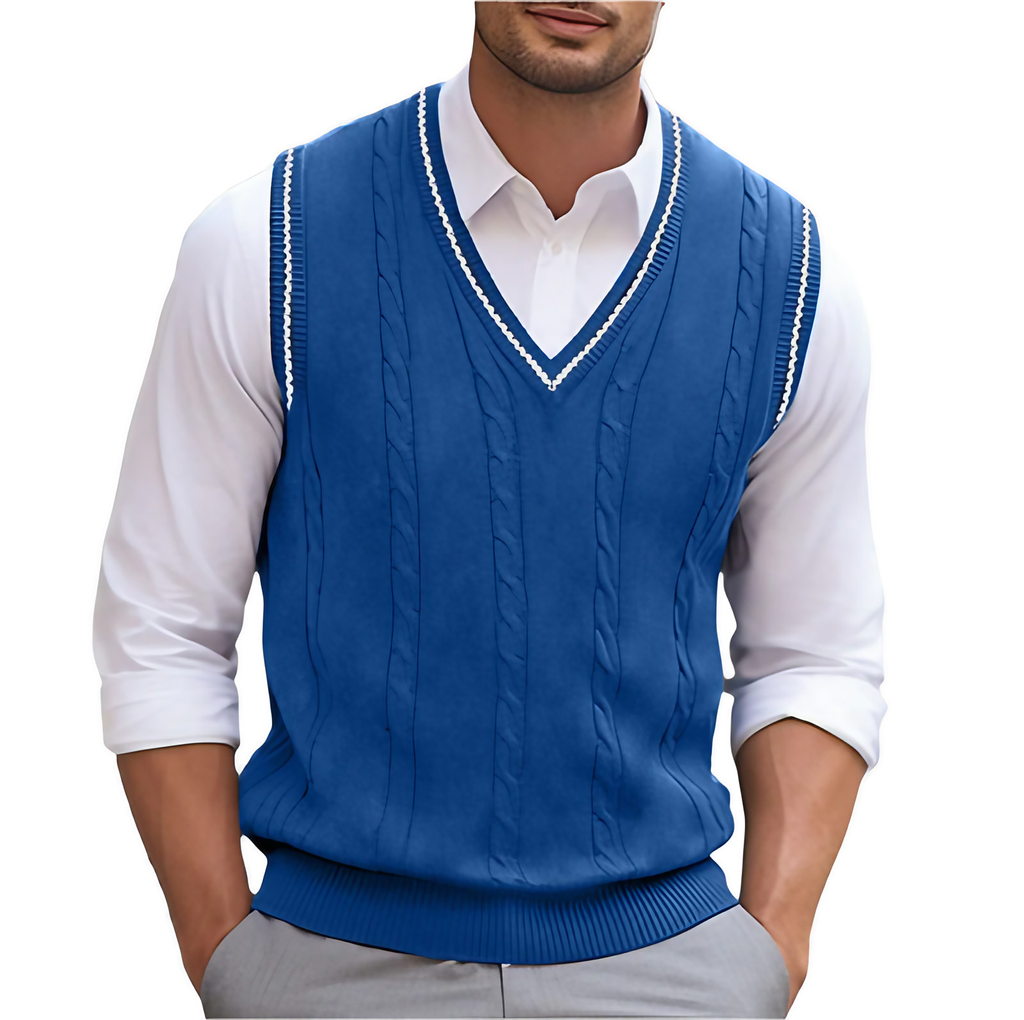 Pull sans manches homme col V uni, cinq coloris, bleu