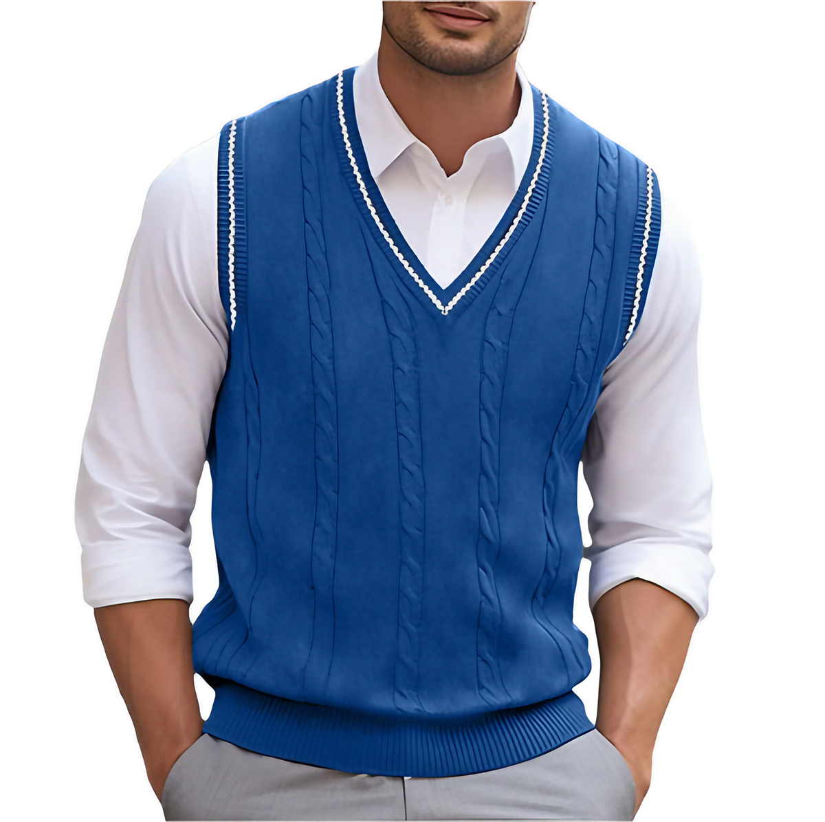 Pull sans manches homme col V uni, cinq coloris, bleu
