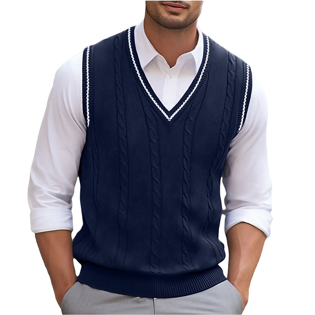 Pull sans manches homme col V uni, cinq coloris, bleu foncé