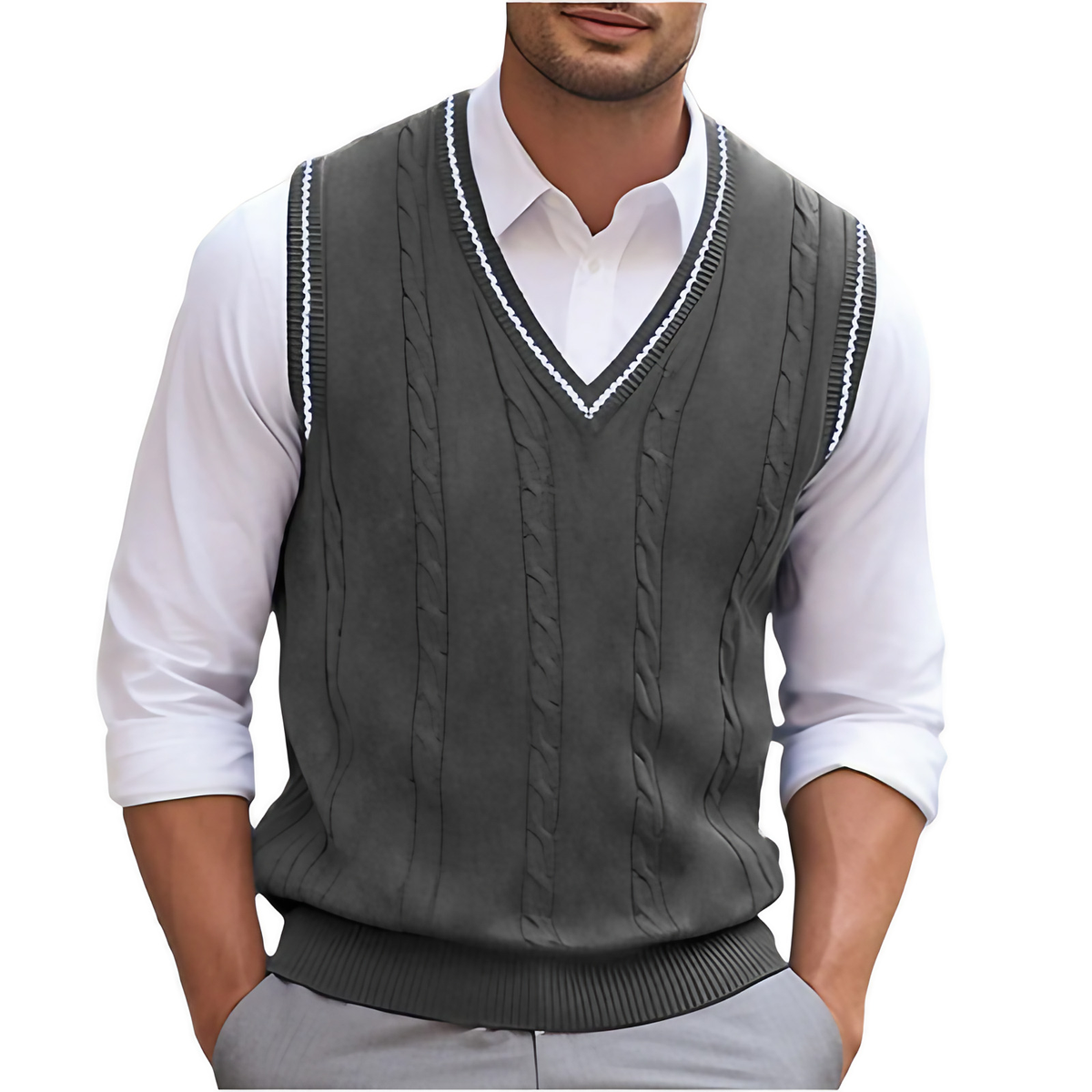 Pull sans manches homme col V uni, cinq coloris, gris foncé
