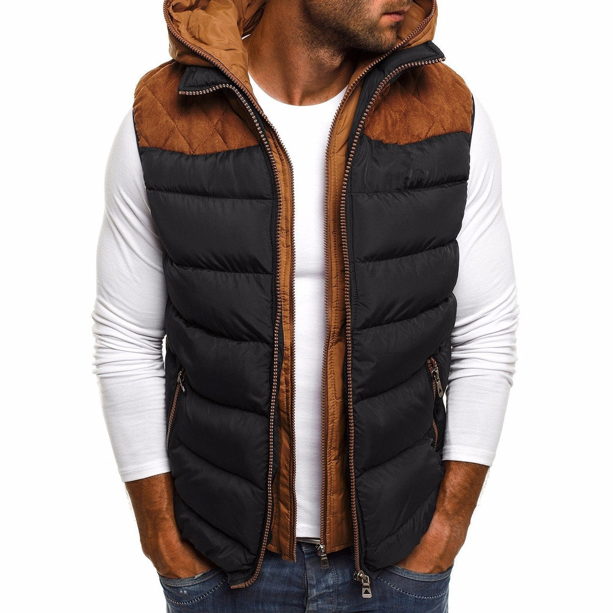 Gilet sans manches homme à capuche, doublure matelassée, noir