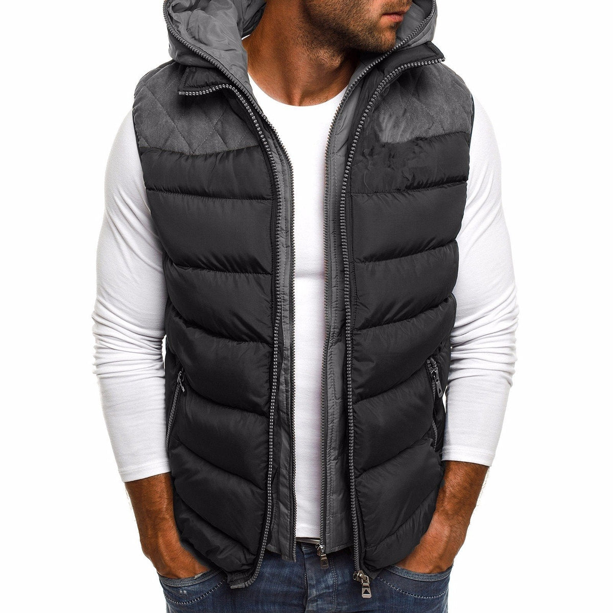 Gilet sans manches homme à capuche, doublure matelassée, gris