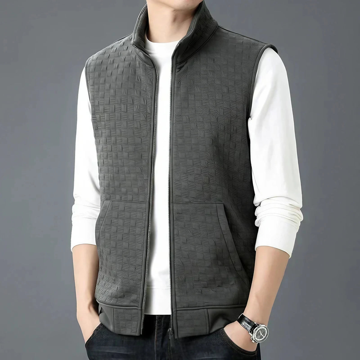 Gilet sans manches homme zippé, motif carreaux texturé, gris