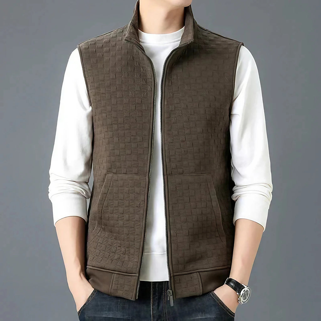 Gilet sans manches homme zippé, motif carreaux texturé, café