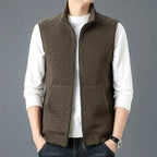 Gilet sans manches homme zippé, motif carreaux texturé, café