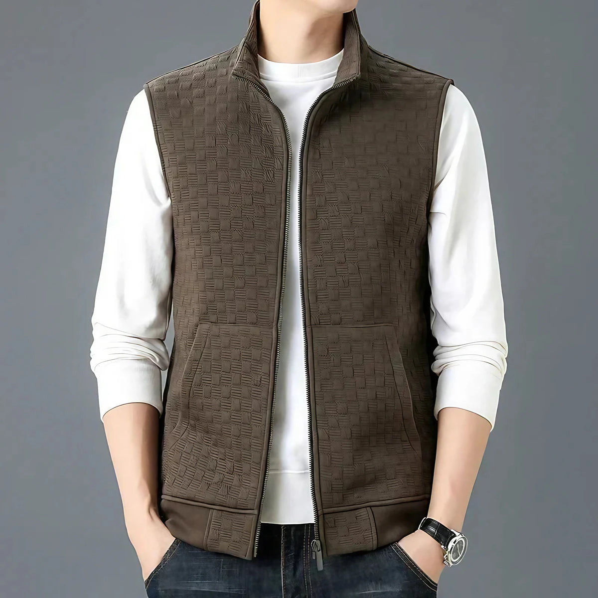 Gilet sans manches homme zippé, motif carreaux texturé, café