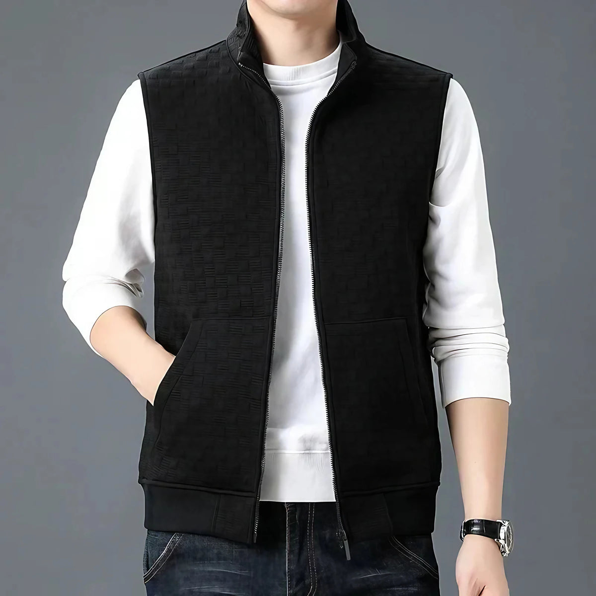 Gilet sans manches homme zippé, motif carreaux texturé, noir