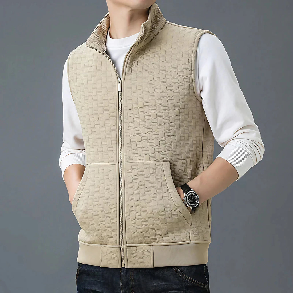 Gilet sans manches homme zippé, motif carreaux texturé, kaki