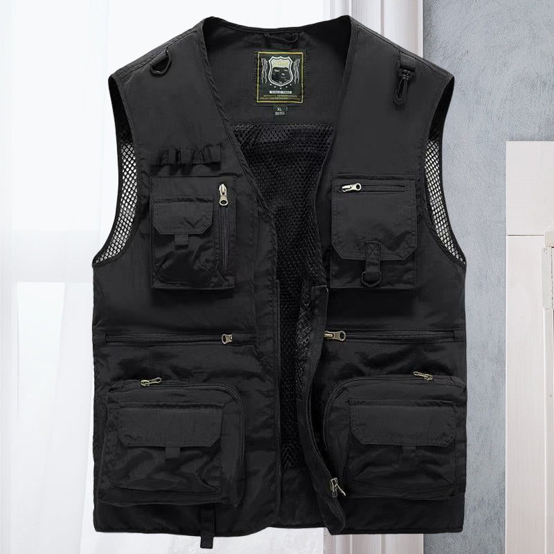 Gilet multipoches homme sans manches, randonnée et pêche, noir