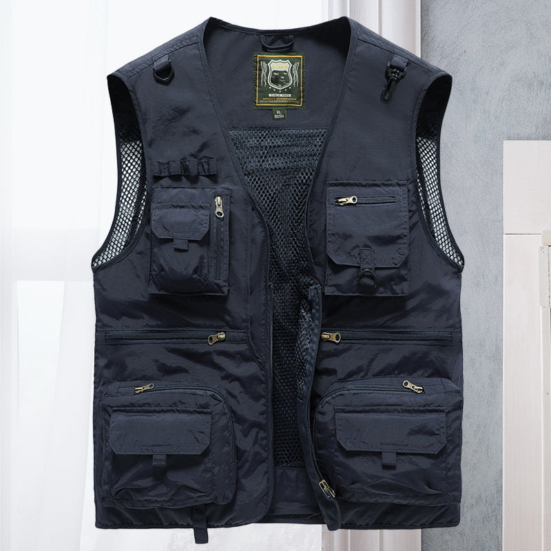 Gilet multipoches homme sans manches, randonnée et pêche, bleu foncé