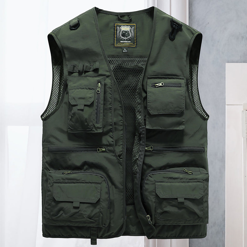 Gilet multipoches homme sans manches, randonnée et pêche, vert armée
