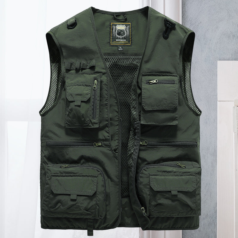Gilet multipoches homme sans manches, randonnée et pêche, vert armée