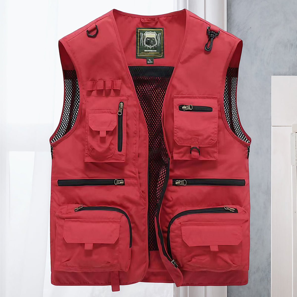 Gilet multipoches homme sans manches, randonnée et pêche, rouge