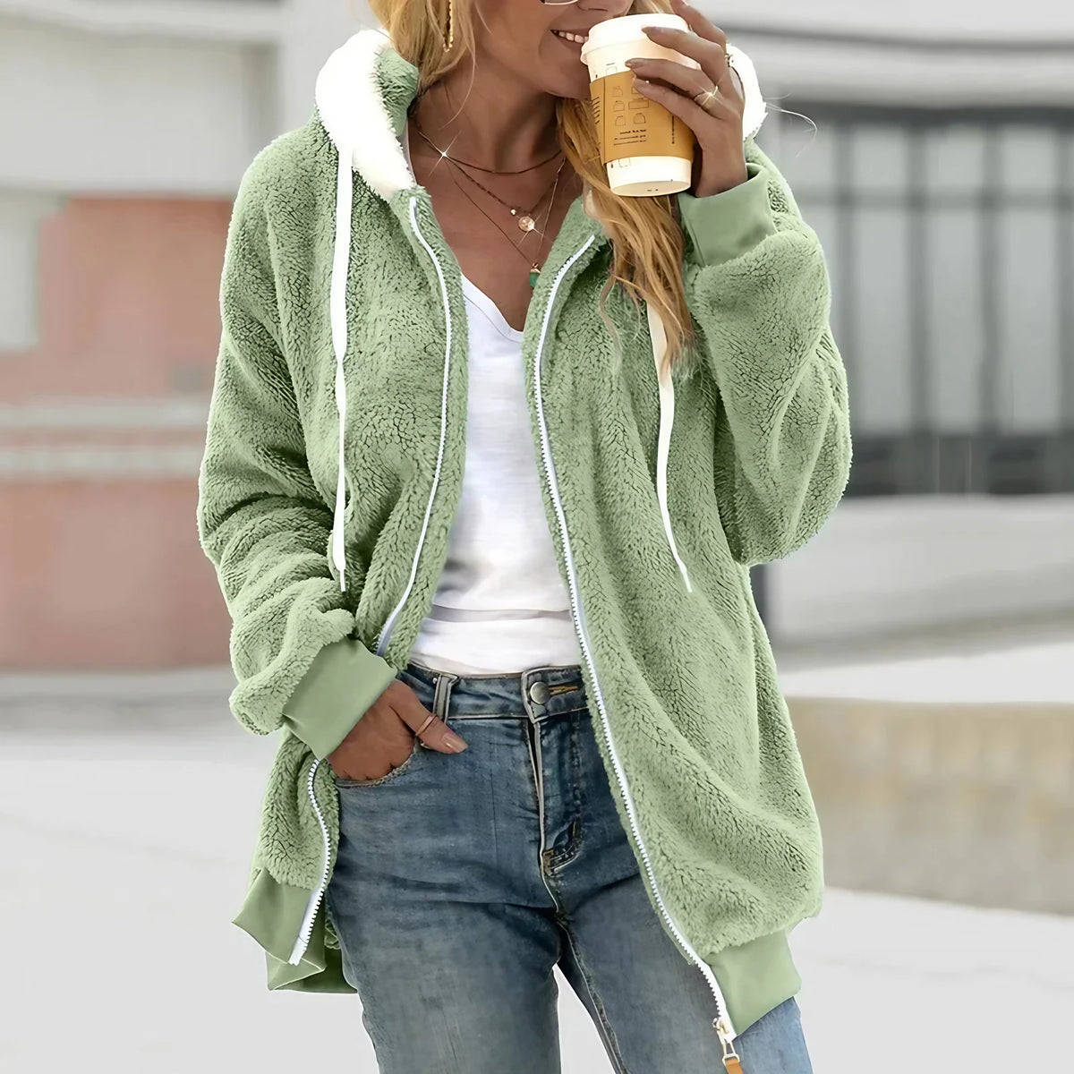 Gilet teddy femme oversize zippé, dix coloris, du S au 5XL, vert clair