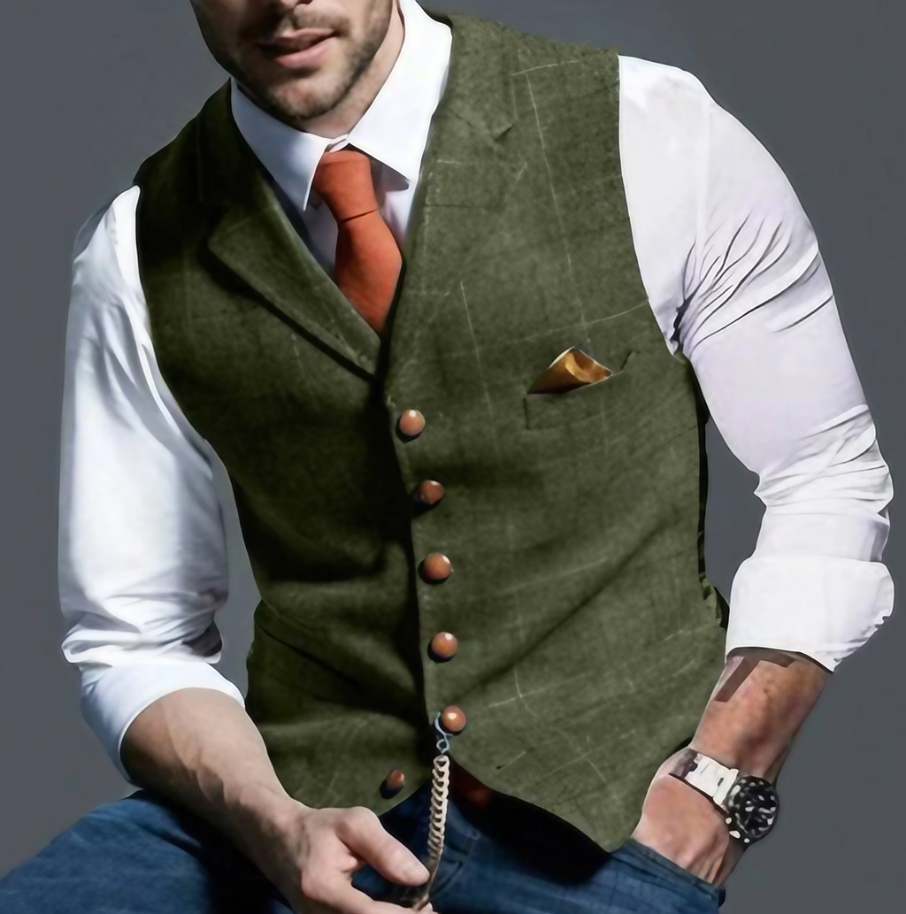Gilet de costume homme à carreaux en tweed, huit coloris, olive