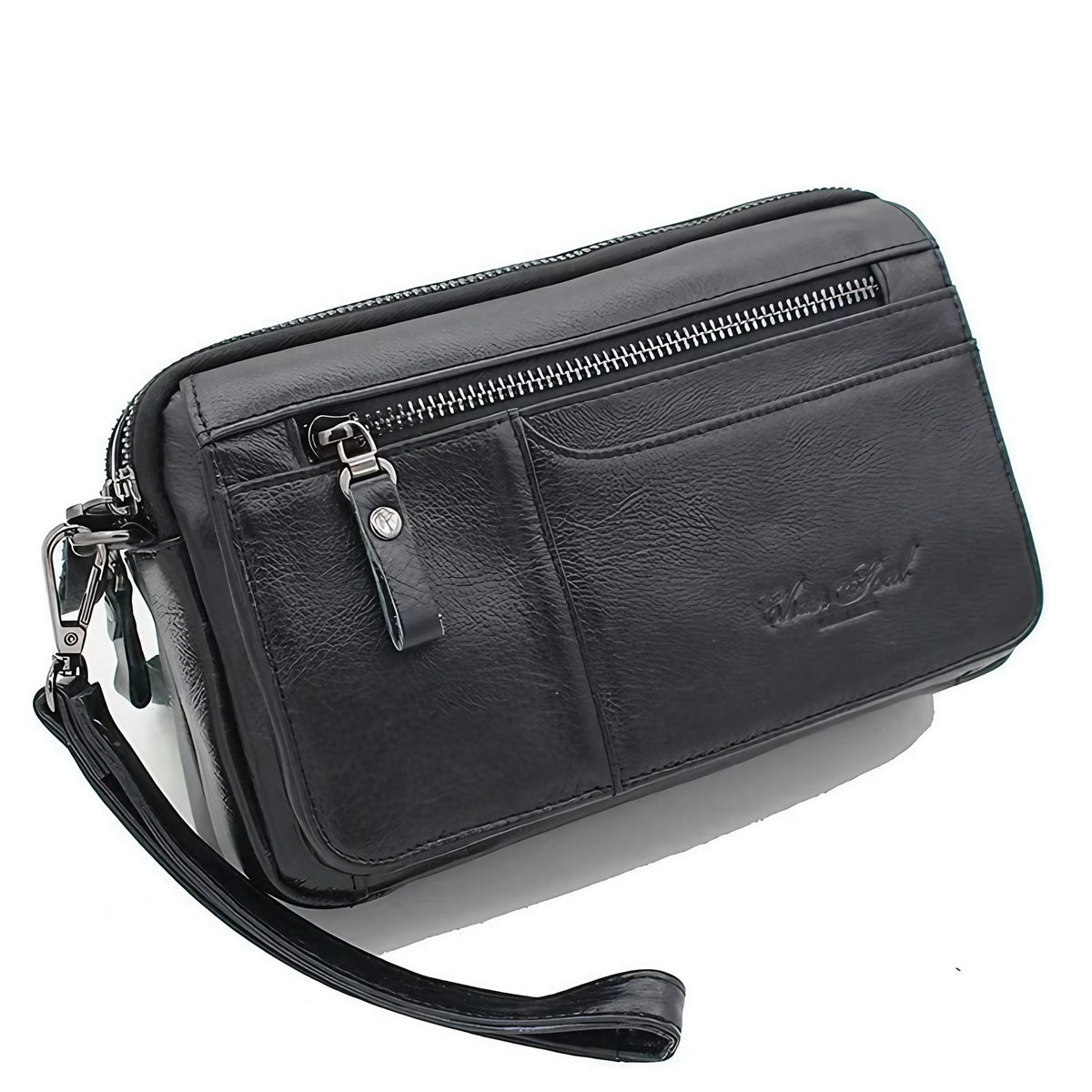 Grand portefeuille homme en cuir, 23 cm, poche monnaie zippée, noir