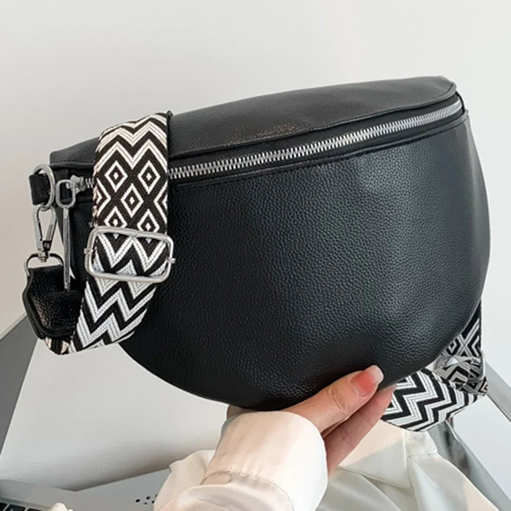 Grand sac banane femme en similicuir noir, sangle amovible