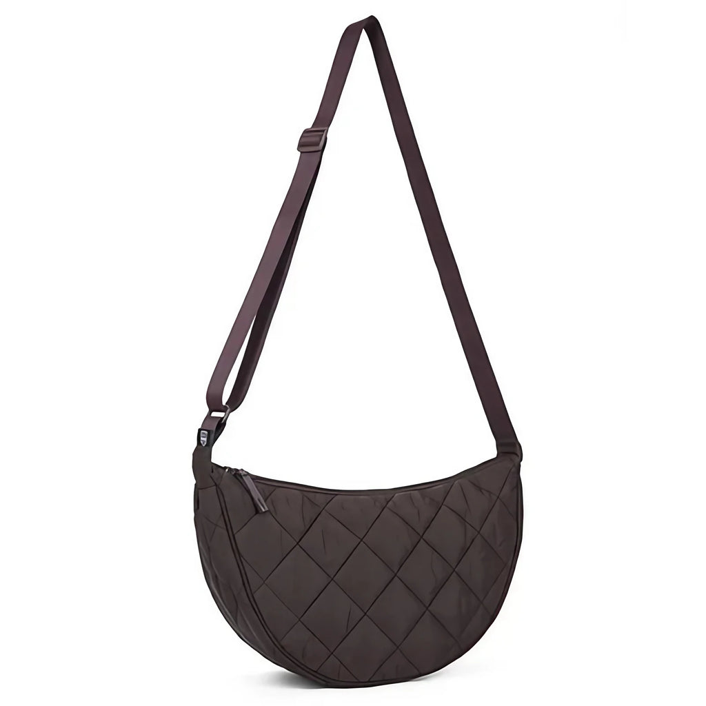Grand sac besace femme en nylon matelassé, bandoulière réglable, marron